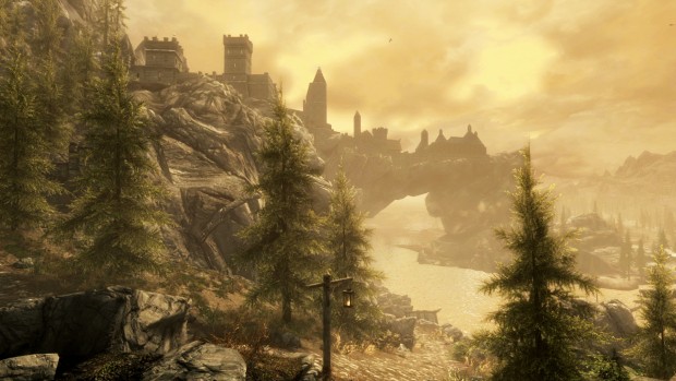 Skyrim Special Edition screenshot showcasing a castle at dusk