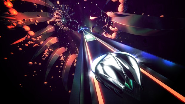 Thumper rhythm action game screenshot showing a space beetle