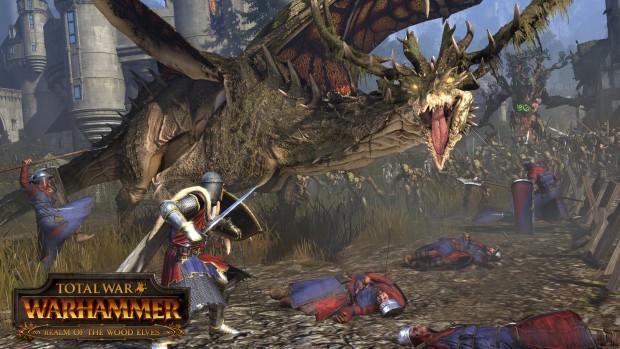 Total War: Warhammer Realm of the Wood Elves DLC screenshot showing off an emerald dragon cowered in moss