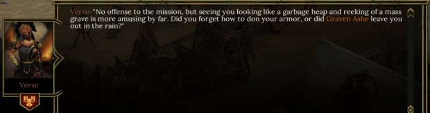 Tyranny screenshot showing Verse talking to Barik