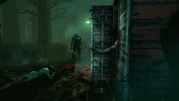 Dead by Daylight screenshot showing a survivor hiding from the monster