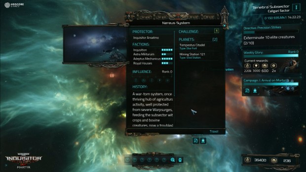 Warhammer 40k: Inquisitor Matyr screenshot showing the mission system