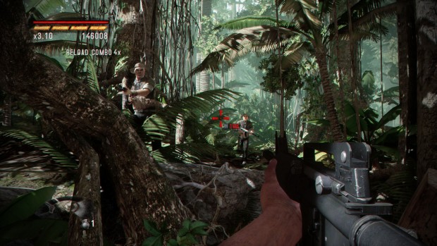 Rambo: The Video Game Baker Team DLC screenshot features a lush jungle and tons of bullets