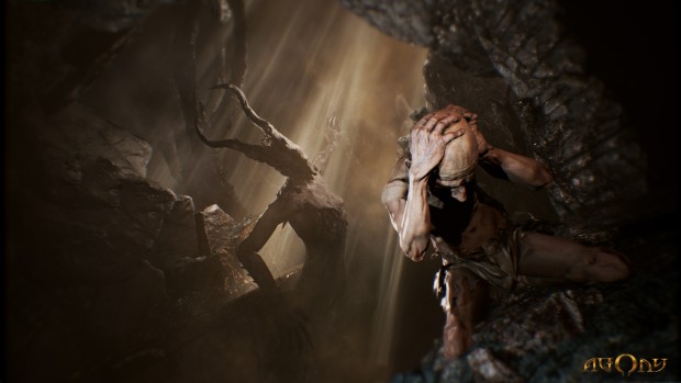 Agony game screenshot featuring a demon and a tormented soul