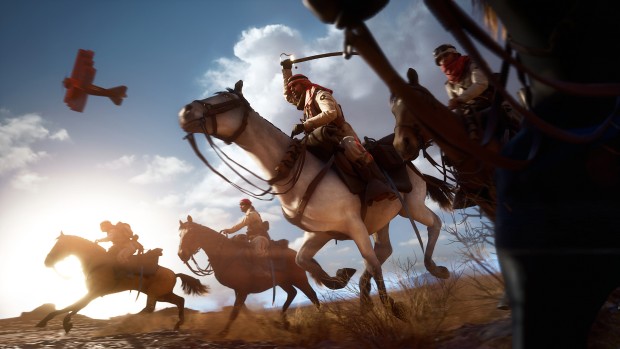 Battlefield 1 screenshot showing camel riders and planes overhead