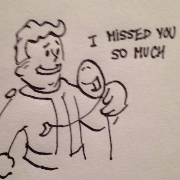 Chris Avellone drawing of him hugging the Vault Boy