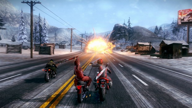 Road Redemption screenshot of a highway brawl with an explosion in the background