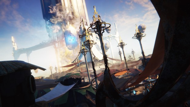 Warframe Plains of Eidolon screenshot of the city's rooftops and tower