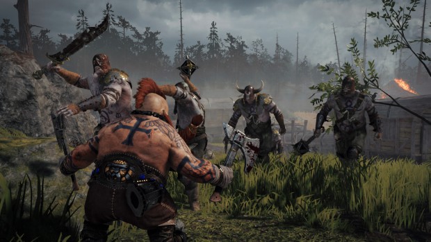 Warhammer: Vermintide 2 screenshot of a Dwarf Slayer fighting against Chaos marauders