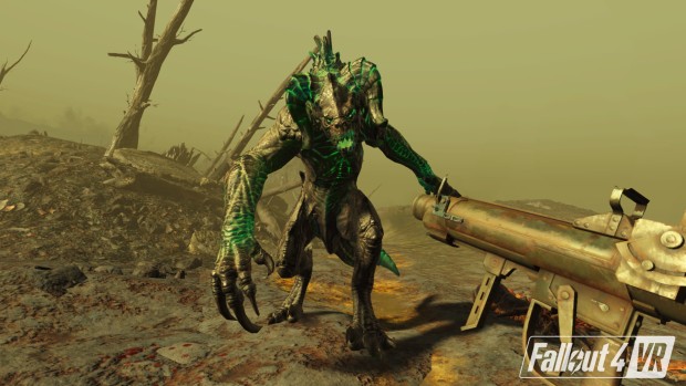 Fallout 4 VR screenshot of a Deathclaw attacking the player