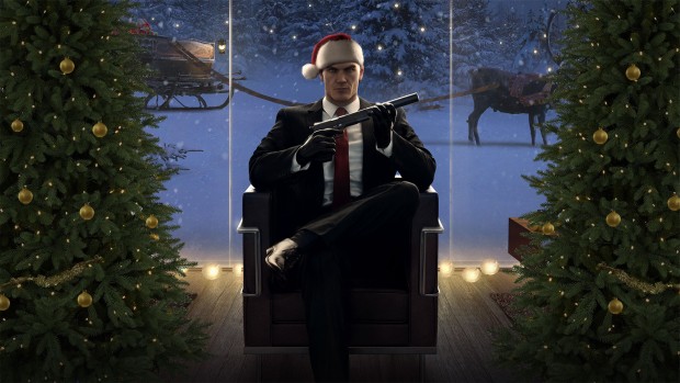 Hitman screenshot of Agent 47 in a very holiday themed atmosphere