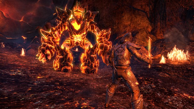 The Elder Scrolls Online: Morrowind screenshot of a fight against a lava elemental