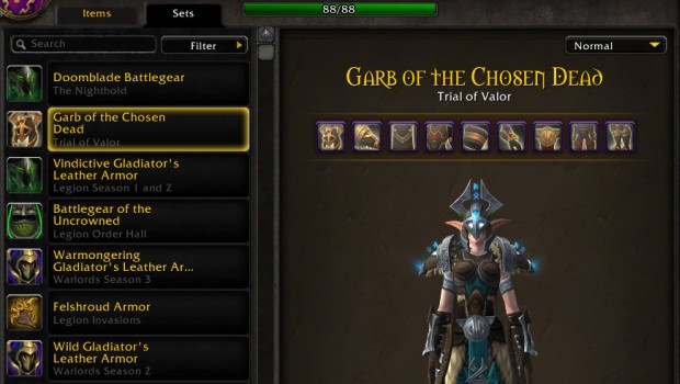 World of Warcraft transmogrification sets tab
