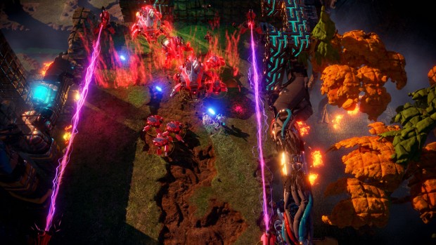 Nex Machina screenshot of a battle within a laser trap