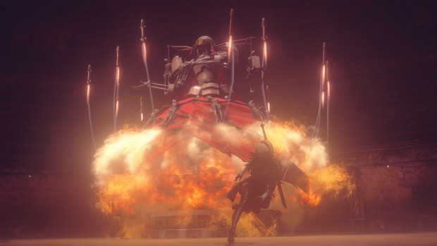 NieR: Automata screenshot of a boss with plenty of rockets