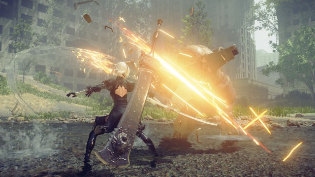 NieR: Automata screenshot of a two handed sword in combat