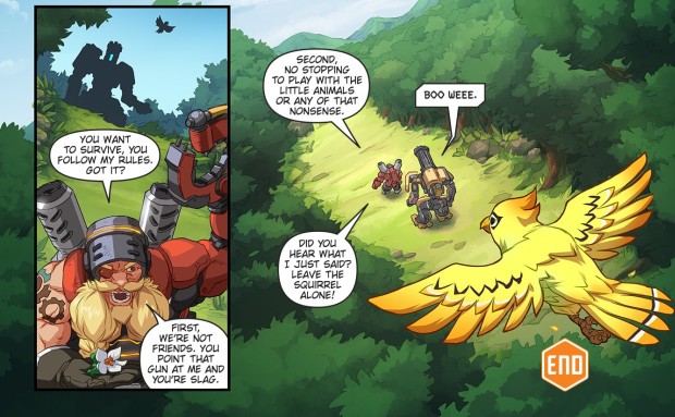 Torbjorn and Bastion talking in the Overwatch Binary comic