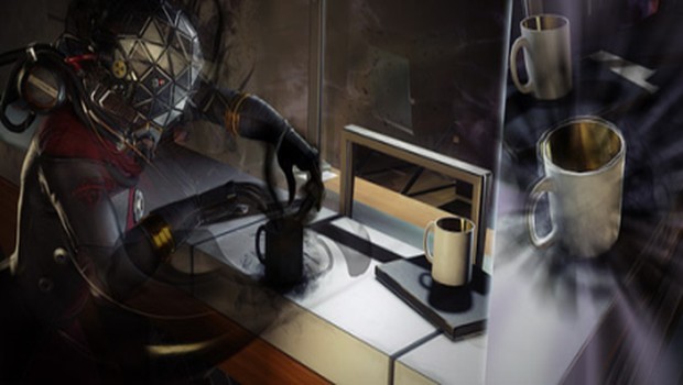 Prey screenshot showing the character morphing into a coffee cup