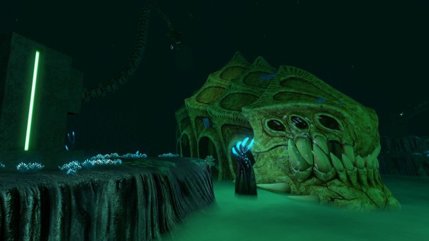 Subnautica screenshot showcasing a giant Leviathan skull