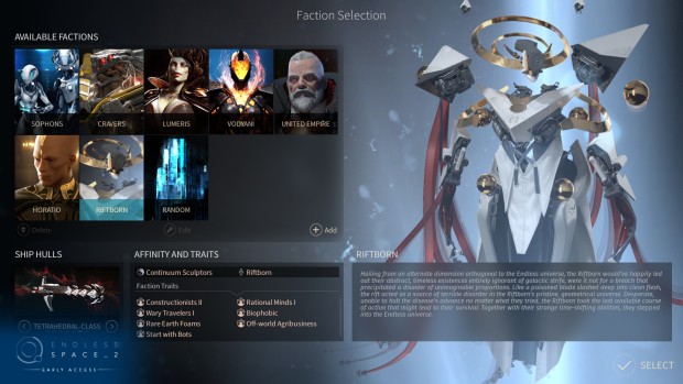 Endless Space 2 faction selection screen featuring The Riftborn