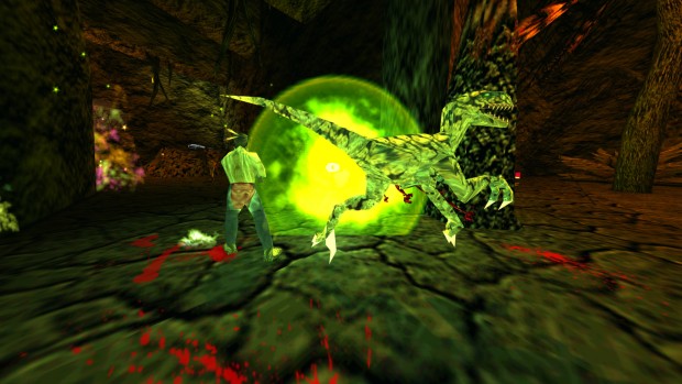 Turok 2 Seeds of Evil Remaster screenshot of an exploding raptor