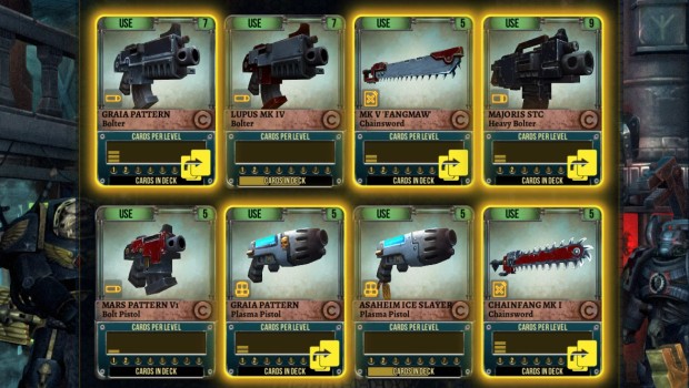 Warhammer 40,000 Space Wolf screenshot of many weapon cards