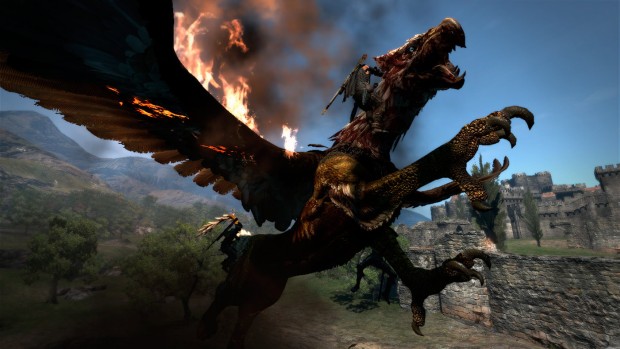 Dragon's Dogma screenshot of the player climbing on a gryphon