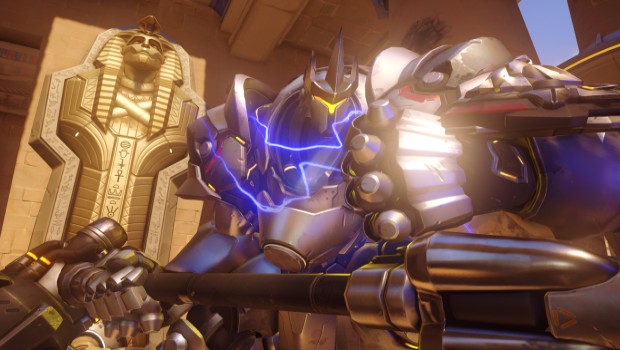 Reinhardt from Overwatch charging the screen