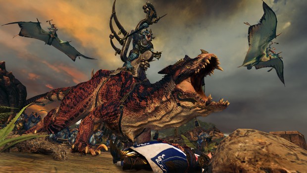 Total War: Warhammer 2 screenshot of a Lizardman hero riding a dinosaur mount