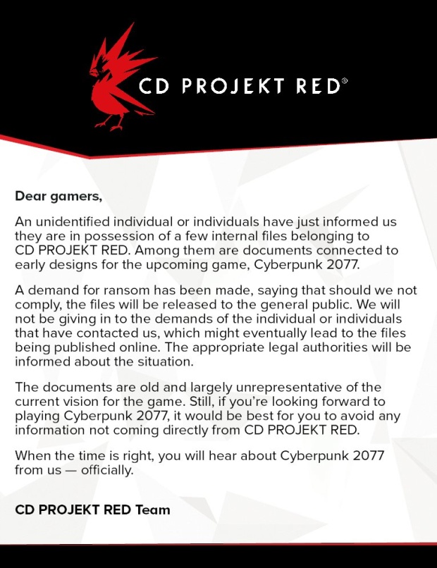 Cyberpunk 2077 leak statement from CDPR