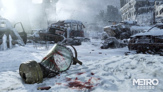 Metro Exodus screenshot of a broken gask mask amidst a frozen street