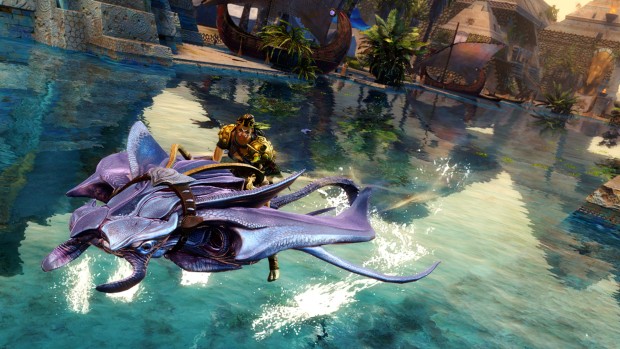 Guild Wars 2: Path of Fire screenshot of a player riding a gliding Manta Ray