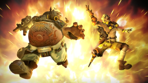 Junkrat and Roadhog flying away from an explosion