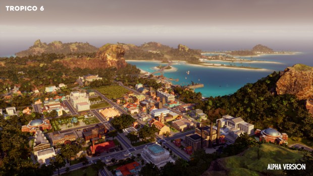 Tropico 6 screenshot of a small city at sundown