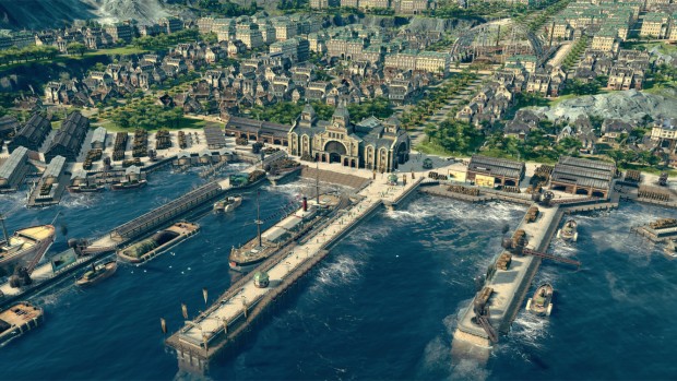 Anno 1800 screenshot of the harbor and the city behind it