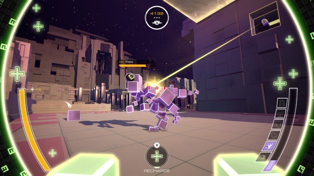 Atomega screenshot of a boxy dinosaur getting hit by lasers