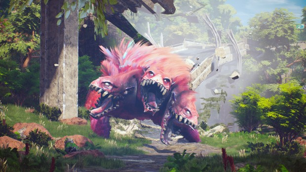 Biomutant screenshot of a three-headed pink monster