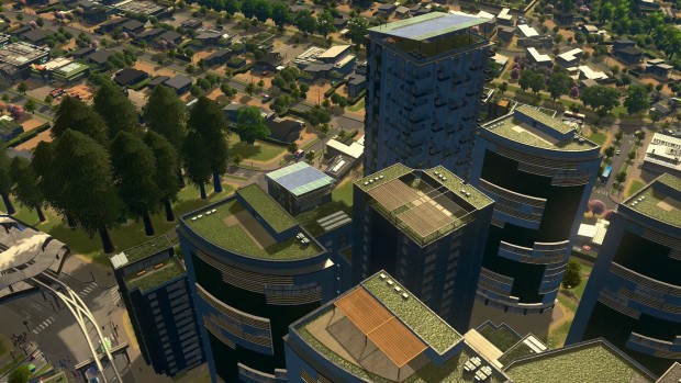 Cities: Skylines screenshot of grass covered buildings from the Green Cities expansion