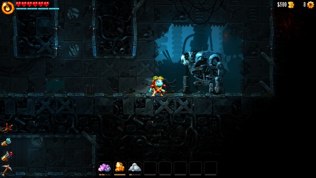 SteamWorld Dig 2 screenshot of a broken down robot in the darkness