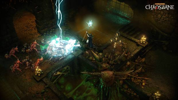 Warhammer: Chaosbane screenshot of a High Elf Mage using lightning spells