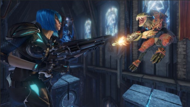Quake Champions screenshot of a close quarters duel between two characters