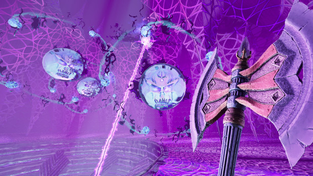 Amid Evil screenshot of the player using an axe in a very purple room