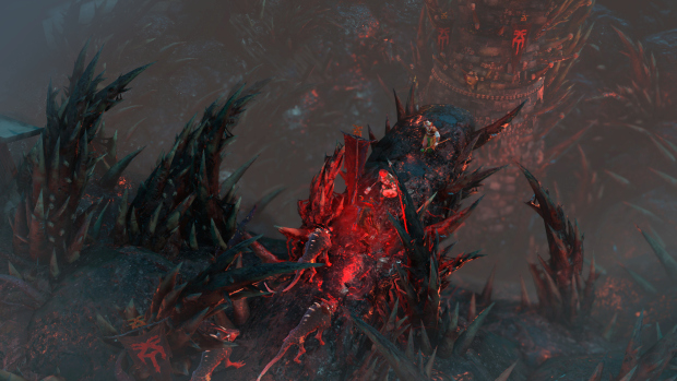 Warhammer: Chaosbane screenshot of a fight on a bloodied bridge riddled with skulls