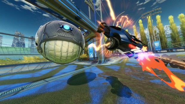 Rocket League screenshot of a car scoring a goal