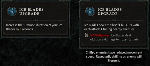 Diablo 4 screenshot showing the upgrades for Ice Blades