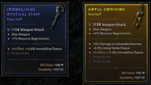 Diablo 4 comparison between Rare and Magic items