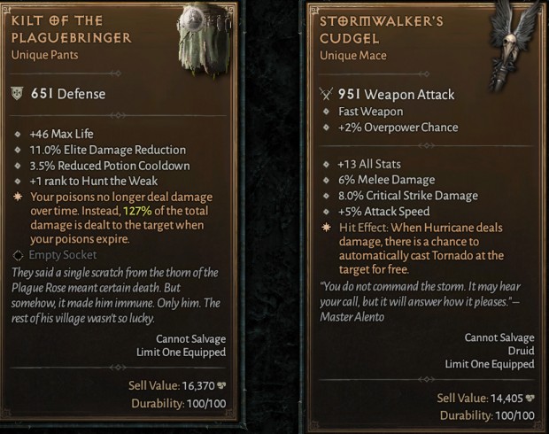 Diablo 4 screenshot of unique items