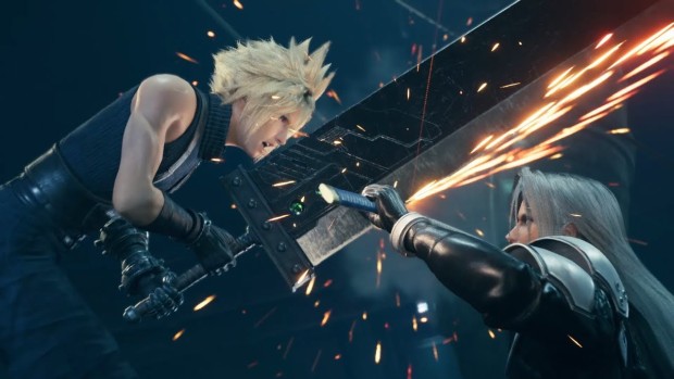 Final Fantasy VII remake screenshot of Cloud clashing with Sephiroth