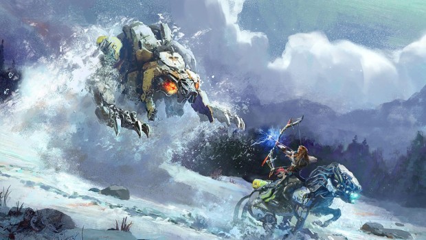 Horizon Zero Dawn artwork showing Aloy fighting a robot