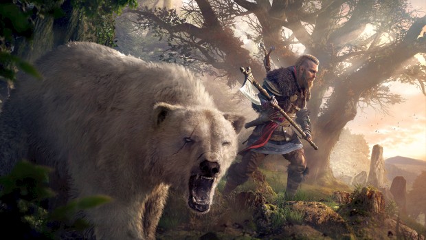 Assassin's Creed Valhalla screenshot of the main character with a bear pet